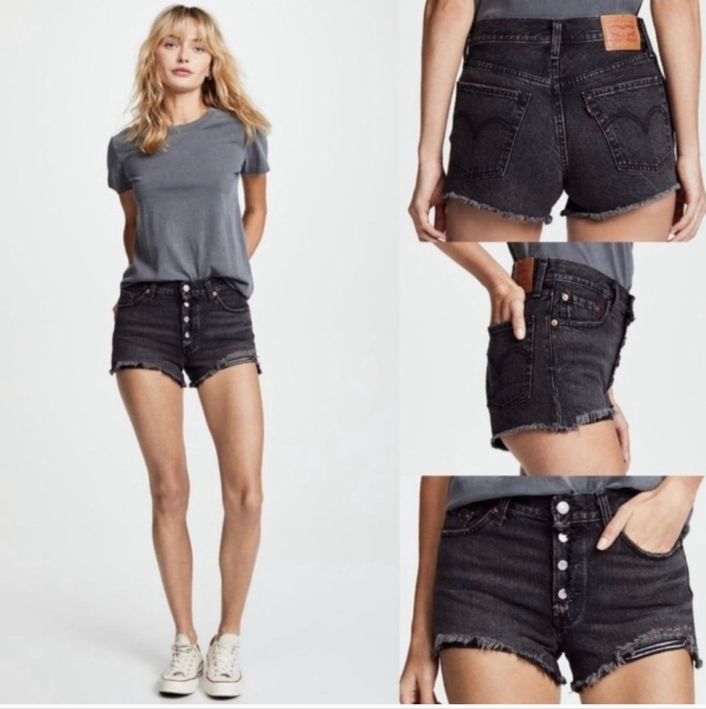 Levi's 501 Exposed Button-fly Raw Hem Distressed Black Jean Denim Shorts
